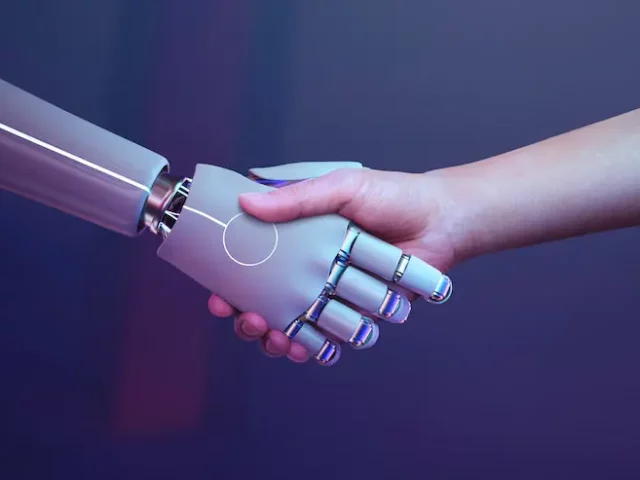 Artificial intelligence Robot shakes hands with a human