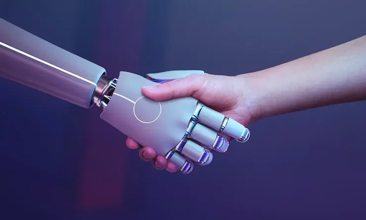 Artificial intelligence Robot shakes hands with a human